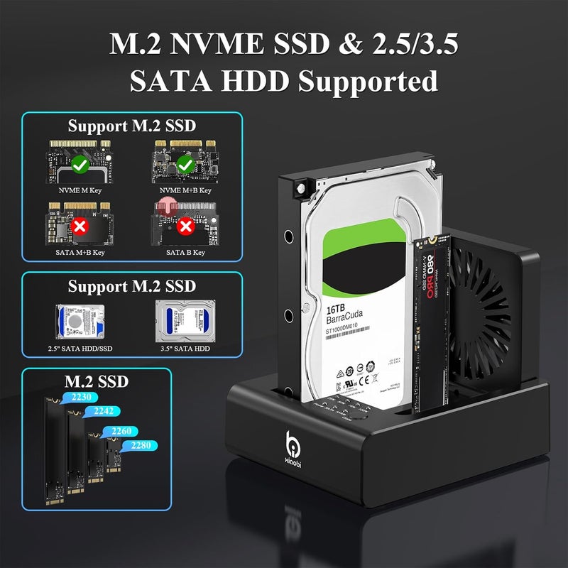 xiaobi M.2 NVMe & SATA HDD Docking Station,10Gbps USB3.2 Gen2 SSD Cloner for M.2 NVMe SSD + SATA 2.5”/3.5” HDD Converter, Offline Cloning, Tool-Free, Cooling Fan - Image 5